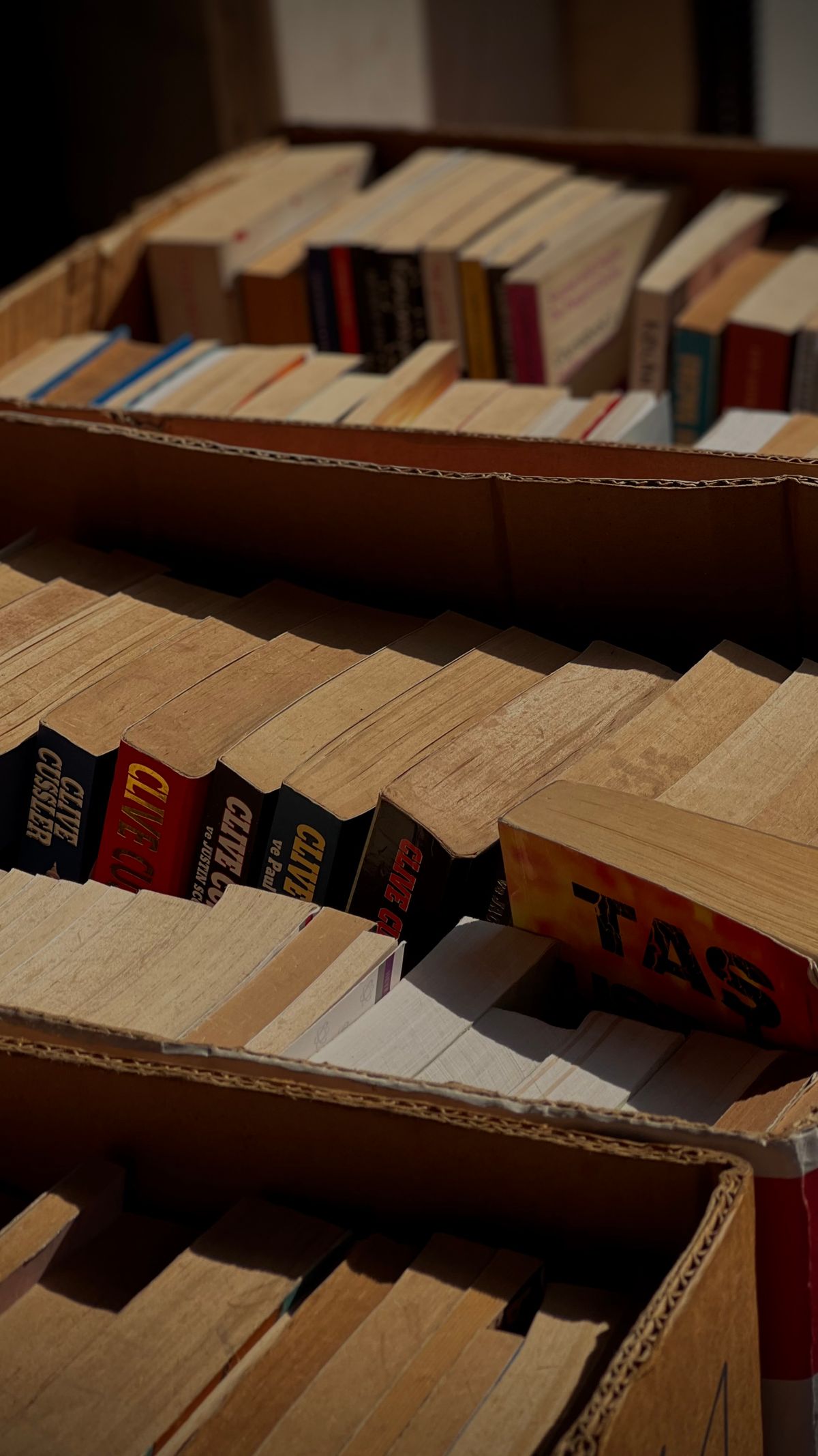 Cardboard boxes filled with second-hand books